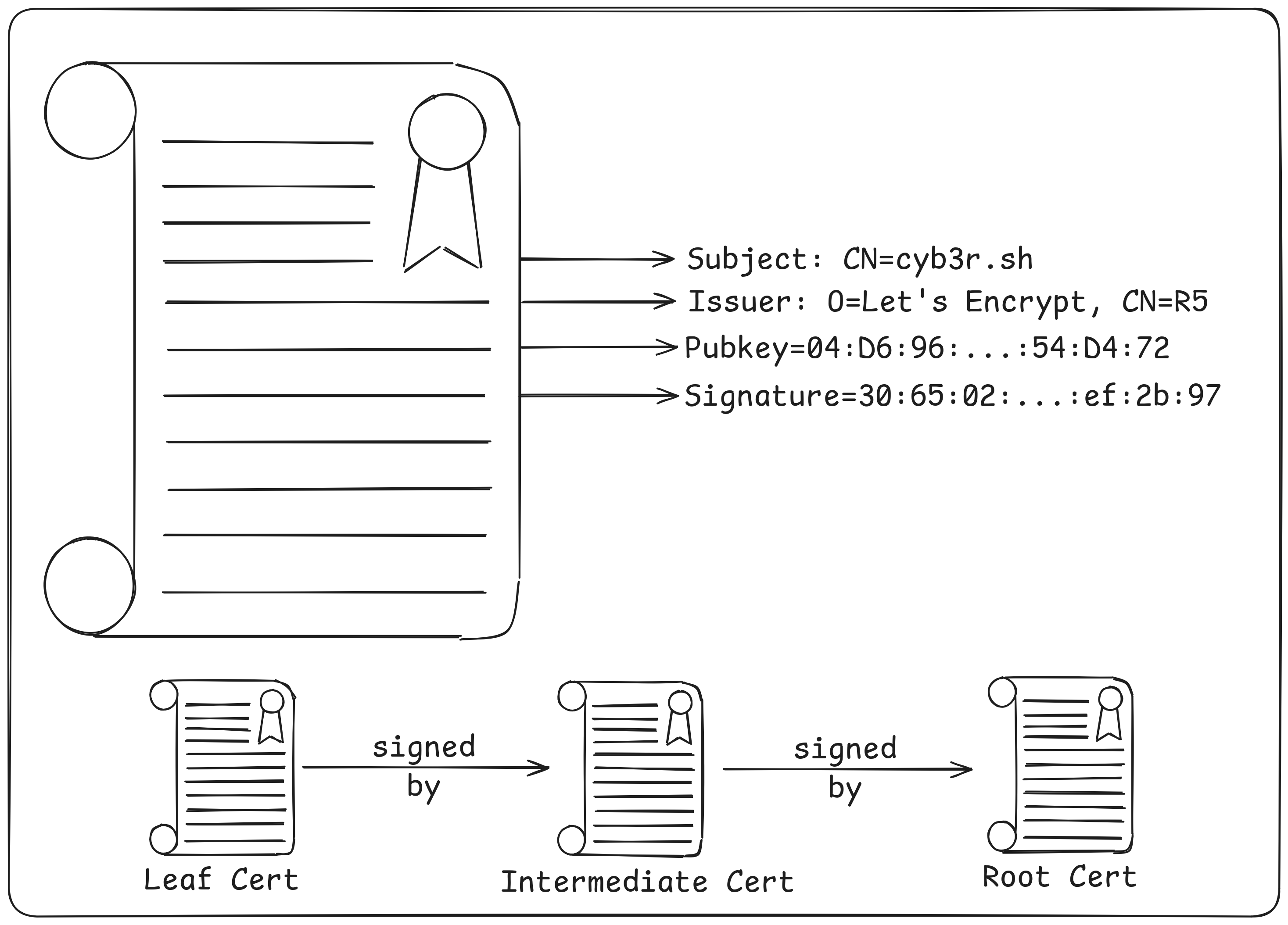 Certificate anatomy showing subject, issuer, public key, and signature fields with certificate chain